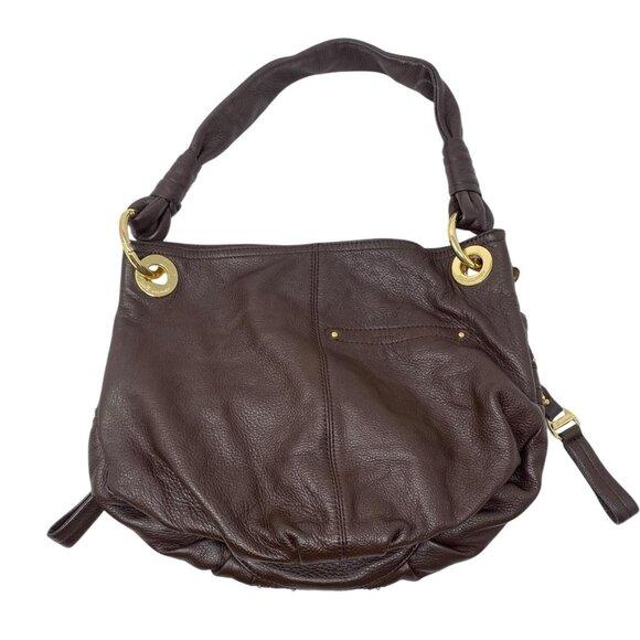 B Makowsky Dark Brown Leather Hobo Shoulder Studded Handbag Purse Logo Keychain - Picture 7 of 9